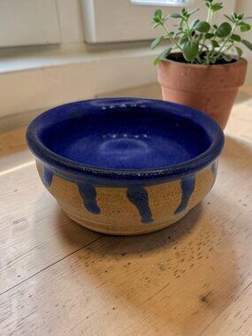 Signed SLJ 1992 Studio Pottery Bowl Blue Drip Glaze Rustic Ceramic Dish 4.25"